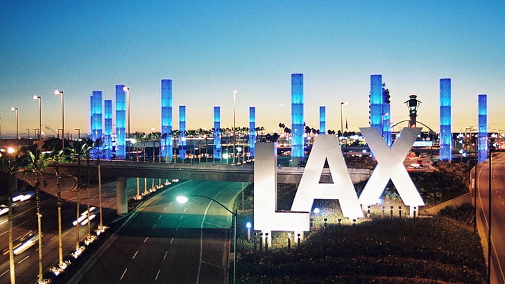 LAX Airport At Night-City HD Wallpaper, gray concrete road and Lax standee, HD wallpaper