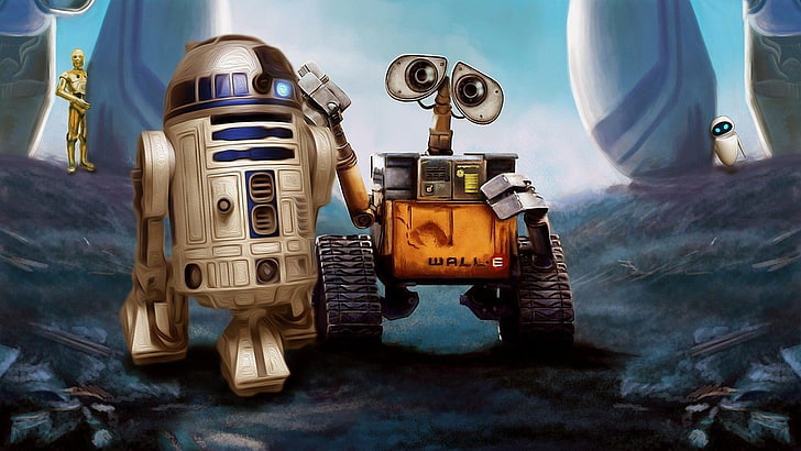 Иллюстрация Wall-E и Star Wars R2-D2, WALL · E, Pixar Animation Studios, Звездные войны, робот, фильмы, R2-D2, кроссовер, HD обои