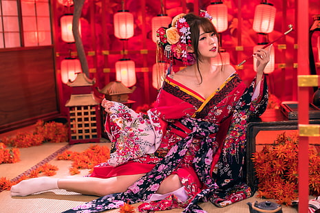 Asiatique, femmes, détournant les yeux, séance, pipe, modèle, brune, accessoires pour cheveux, épaules nues, femmes à l'intérieur, kimono, Fond d'écran HD HD wallpaper