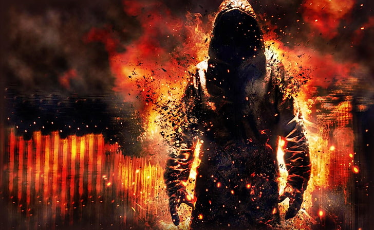 Assassins Creed wallpaper, fire, destruction, debris, cape, biggin, man, HD wallpaper