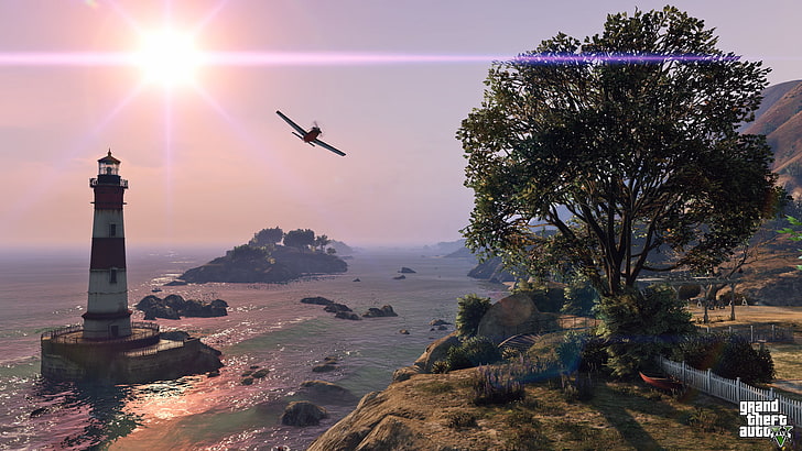 Скриншот игры Grand Theft Auto V, море, пейзаж, дерево, Grand Theft Auto V, gta 5, горе, HD обои
