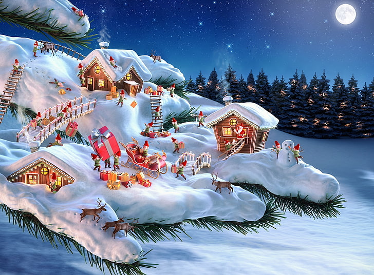 Дядо Коледа и неговите елфи, празници, Коледа, зима, Дядо Коледа, северни елени, сняг, елфи, подаръци, весела Коледа, HD тапет