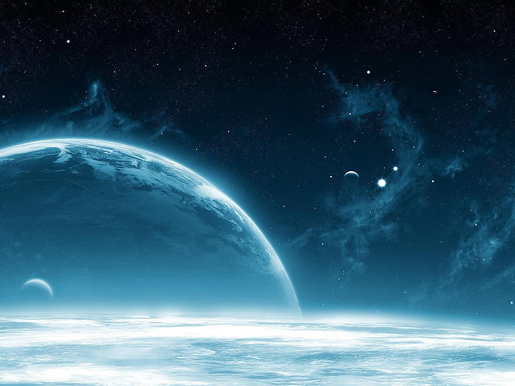 белый и синий над земным бассейном, природа, космос, планета, цифровое искусство, космическое искусство, HD обои