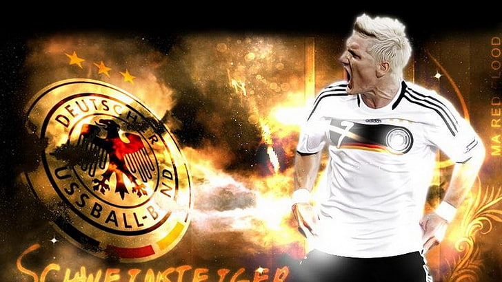 kaos leher awak putih dan hitam pria, Bastian Schweinsteiger, FC Bayern, sepak bola, Bundesliga, Wallpaper HD