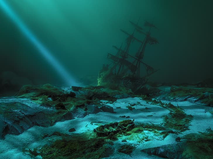 ship, the bottom, ray, shipwreck, bottom, beam, Sergey Paryshkiv, HD wallpaper