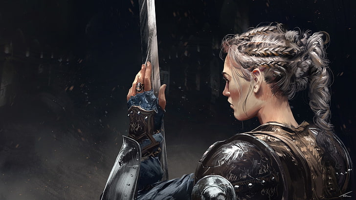 profilo di donna illustrazione, guerriera, fantasy art, spada, armatura, Thomas Chamberlain - Keen, Sfondo HD