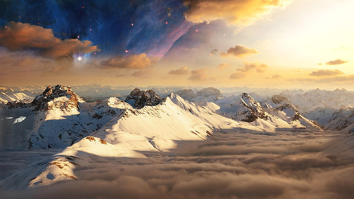 gunung, langit berbintang, cahaya bulan, bersalju, puncak, awan, awan di atas, Wallpaper HD