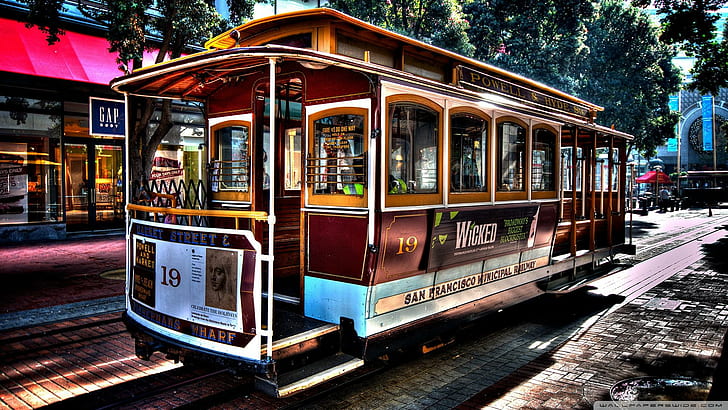 San Francisco Trolley Hdr, trolley, tracks, stores, cars, HD wallpaper