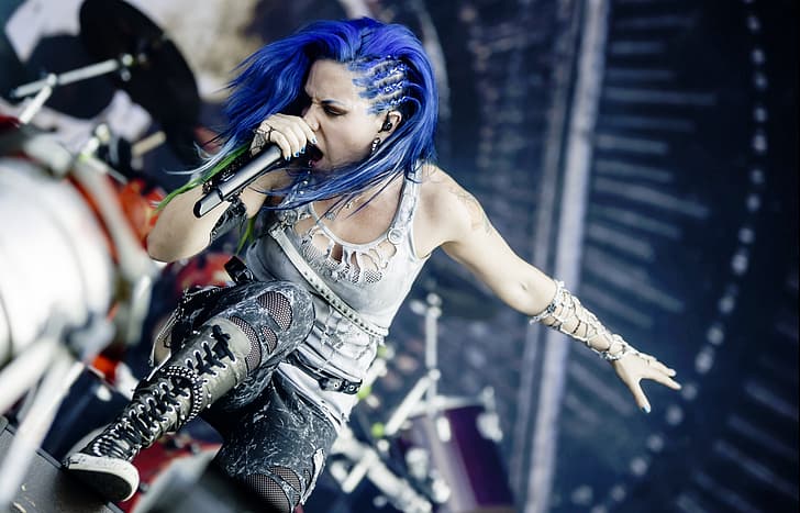 Alissa White-Gluz, music, heavy metal, Arch Enemy, women, long boots, dyed eyebrows, dyed hair, colored nails, closed eyes, HD wallpaper