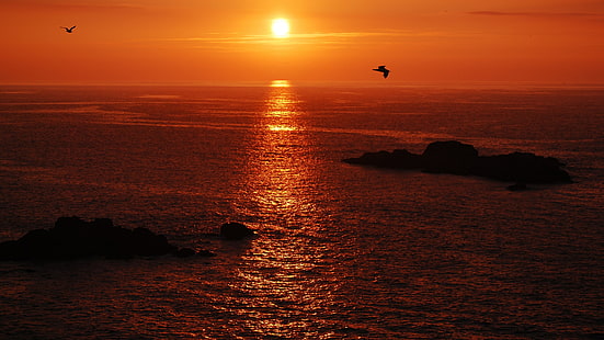 sea, horizon, sunset, sky, sun, afterglow, calm, ocean, shore, coast, atmosphere, headland, HD wallpaper HD wallpaper