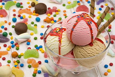 ice cream, table, food, pink, candy, ice cream, dessert, sorbet, HD wallpaper HD wallpaper