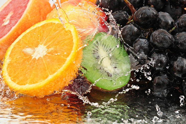 variety of citrus fruit, fruits, grapes, water, spray, cut, HD wallpaper