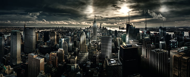 edifici in cemento grigio, vista del paesaggio di edifici della città, Manhattan, New York City, spostamento dell'inclinazione, Sfondo HD