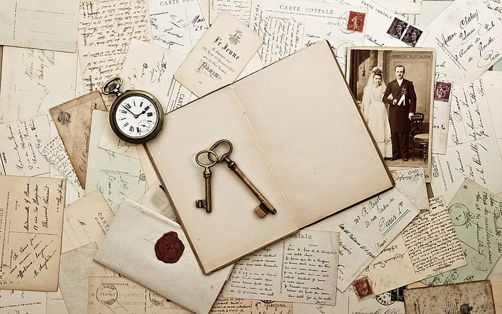 Vintage Staff, zabytkowe dokumenty, stare klucze, zabytkowy zegar, zabytkowe zdjęcia, Tapety HD