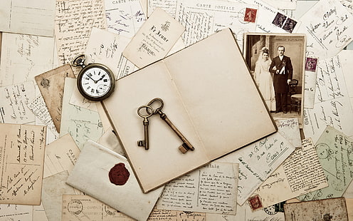 Personal antiguo, documentos antiguos, llaves antiguas, reloj antiguo, fotos antiguas, Fondo de pantalla HD HD wallpaper