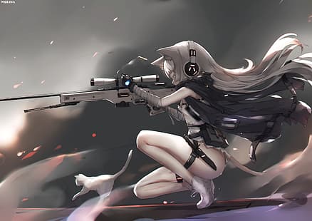  anime girls, long hair, snipers, HD wallpaper HD wallpaper