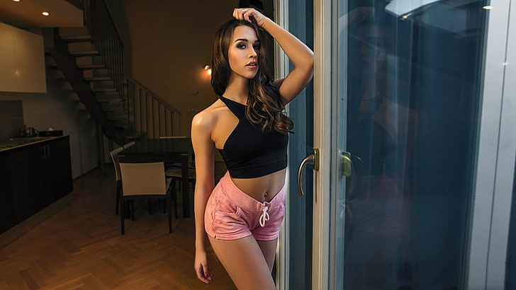 woman wearing black halter-top crop-top and pink drawstring short shorts, women, tanned, belly, short shorts, portrait, red nails, HD wallpaper