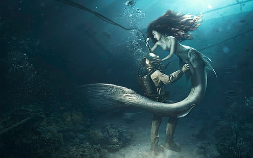 Diver and the Mermaid, mermaid, diver, HD wallpaper HD wallpaper