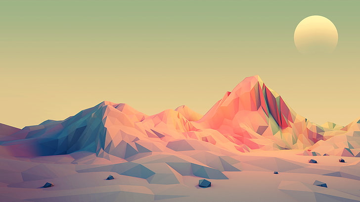 low poly, illustration, Mark Kirkpatrick, montagnes, minimalisme, soleil, Fond d'écran HD
