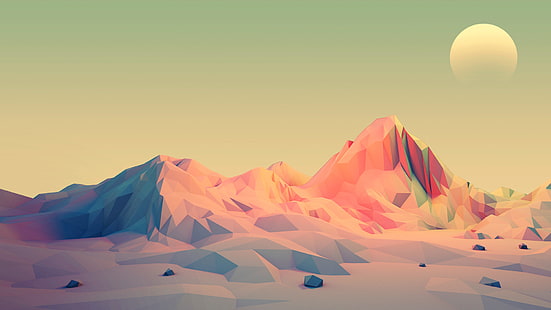 низкополигональная, иллюстрация, Марк Киркпатрик, горы, минимализм, солнце, HD обои HD wallpaper