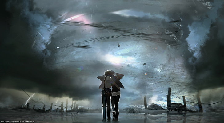 صبي وفتاة يقفان أمام إعصار قصاصة فنية ، الحياة غريبة ، كلوي برايس ، برق ، ماكس كولفيلد ، عاصفة ، تورنادو، خلفية HD