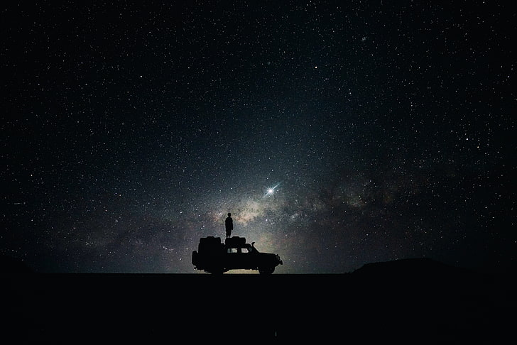 silhouette of vehicle and person, stars, sky, space, car, HD wallpaper