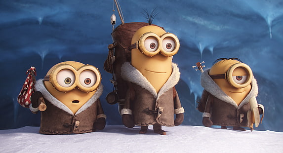 Trzy Minionki Minionki w płaszczach Tapeta cyfrowa, żółty, śnieg, 2015, film o minionkach, Tapety HD HD wallpaper