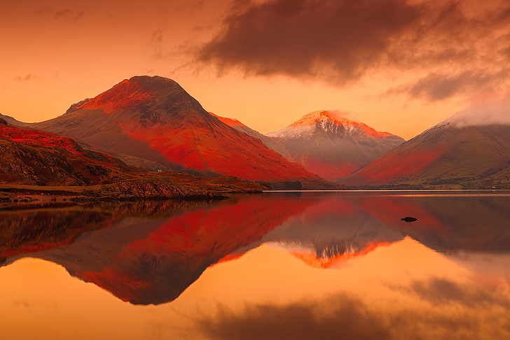 paisagem, lago, montanhas, reflexão, Inglaterra, Reino Unido, Lake District, pôr do sol, HD papel de parede