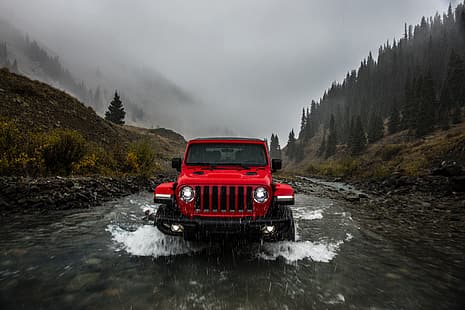 вода, красный, дождь, пасмурно, 2018, Jeep, Wrangler Rubicon, HD обои HD wallpaper