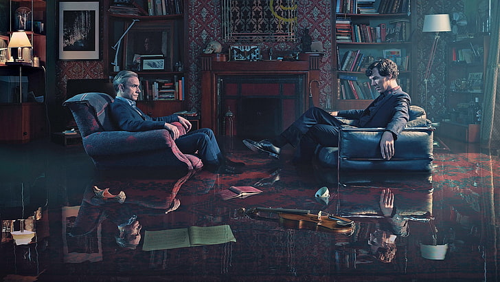 men's black suit jacket, Sherlock, TV, Benedict Cumberbatch, Martin man, violin, skull, detectives, HD wallpaper