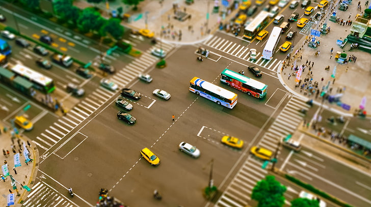 aerial shot of cars on road, street, traffic, tilt shift, city, car, HD wallpaper