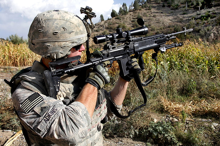 M14 EBR, black assault rifle with tactical scope, War & Army, , war, gun, forest, soldier, HD wallpaper