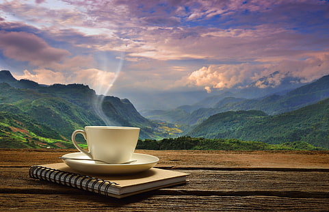 白いセラミックコーヒーカップ、夜明け、コーヒー、朝、カップ、ホット、コーヒーカップ、おはよう、 HDデスクトップの壁紙 HD wallpaper