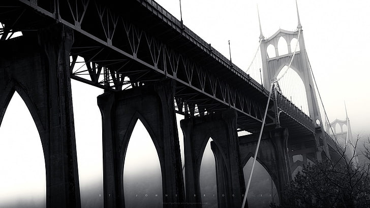 нискоъгълен мост за окачване на фотография, архитектура, мост, монохромен, мост Сейнт Джонс, Портланд, Орегон, САЩ, HD тапет