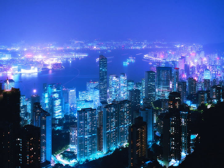 paisagem urbana, hong kong, cidade, arranha céu, luzes cidade, urbano, HD papel de parede