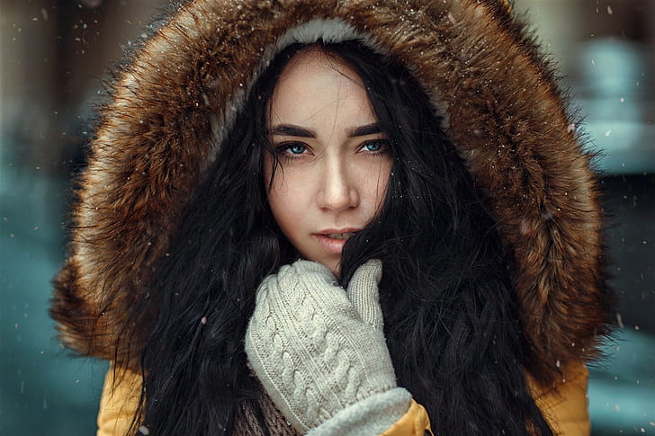 women, face, hoods, gloves, black hair, fur, portrait, depth of field, coats, yellow coats, HD wallpaper
