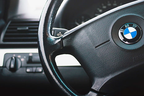 black, bmw, car, logo, mark, simple, steering wheel, wheel, HD wallpaper HD wallpaper