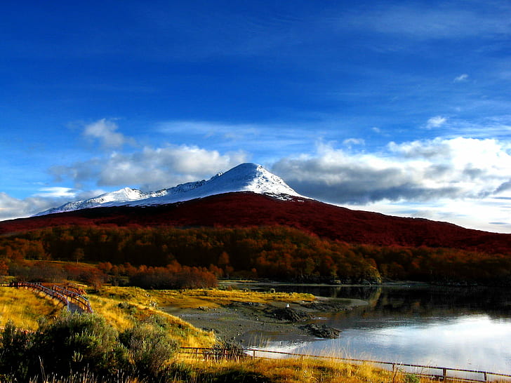 заснежена планина през деня, лаго, лаго, монтаня, лаго, сняг, покрита, през деня, цветно, планинско езеро, пико, невадо, пощенска картичка, бахия, Огнена земя, Патагония, Аржентина, природа, планина, вулкан, пейзаж, пейзажи , на открито, Япония, есен, mt Fuji, езеро, красота в природата, планински връх, известно място, пътуване, небе, HD тапет