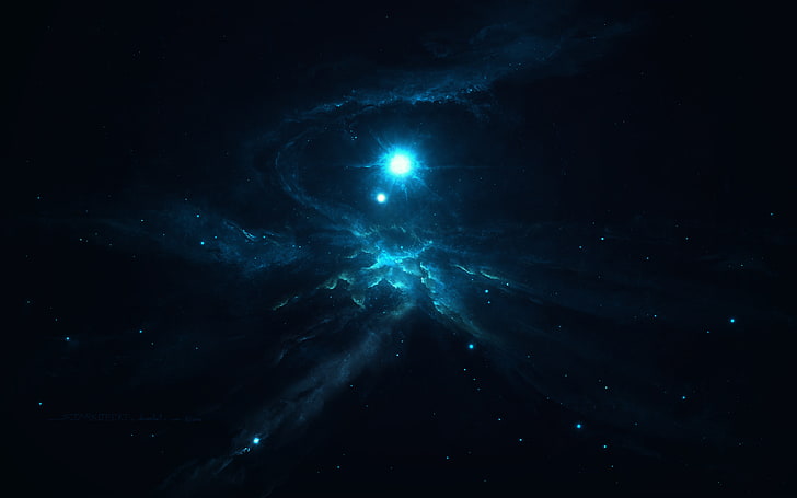 blue and black nebula wallpaper, dark, nebula, abstract, science fiction, space, galaxy, universe, stars, space art, Starkiteckt, cyan, HD wallpaper