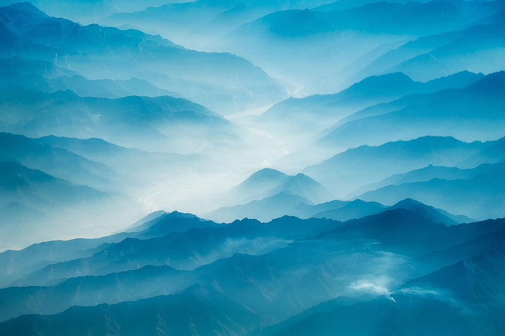 nature, paysage, vue aérienne, bleu, brume, matin, montagnes, Himalaya, cyan, collines, Fond d'écran HD