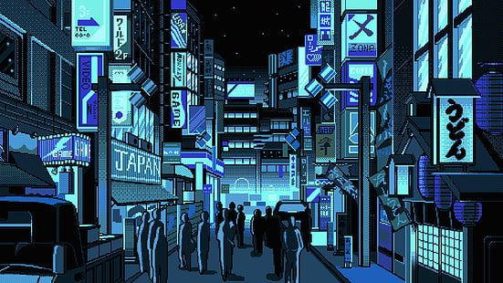 Япония, пикселно изкуство, улица, хора, HD тапет HD wallpaper