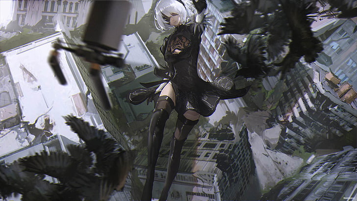 иллюстрация женского игрового персонажа, Nier: Автоматы, 2B (Nier: Автоматы), седые волосы, NieR, новизна, HD обои