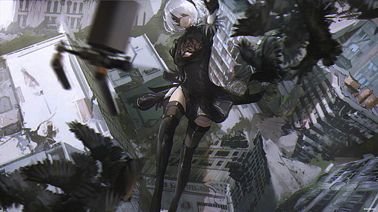 иллюстрация женского игрового персонажа, Nier: Автоматы, 2B (Nier: Автоматы), седые волосы, NieR, новизна, HD обои HD wallpaper