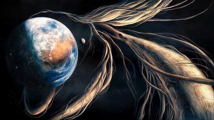 fondo de pantalla digital del planeta, obra de arte, ciencia ficción, resumen, espacio, universo, tierra, planeta, luna, Fondo de pantalla HD