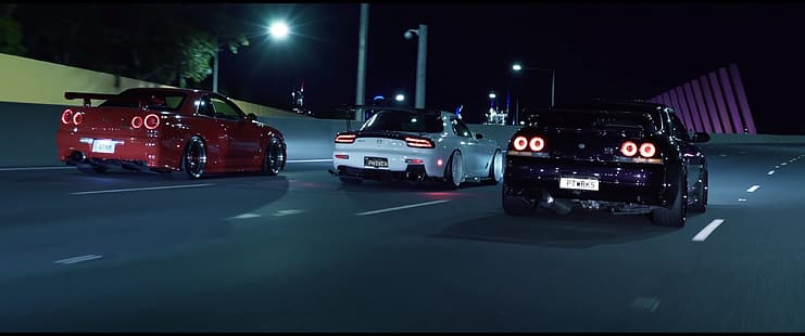 luces de la ciudad, noche, coche, Nissan Skyline GT-R R34, Nissan Skyline GT-R R33, Mazda RX-7, Fondo de pantalla HD HD wallpaper
