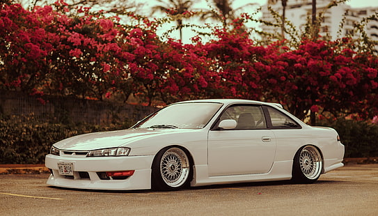 white coupe, flowers, tuning, white, Silvia, Nissan, Sylvia, S14, stance, HD wallpaper HD wallpaper