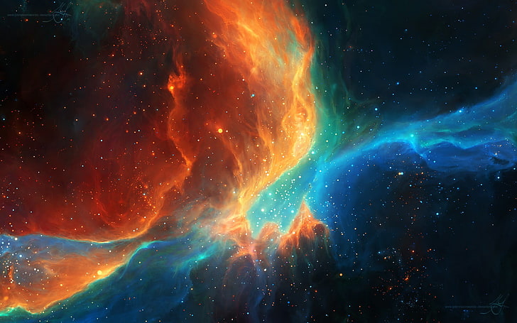 galassia multicolore carta da parati, spazio, stelle, render, TylerCreatesWorlds, space art, nebulosa, arancione, ciano, Sfondo HD