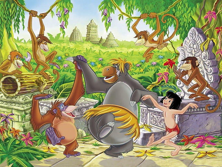 Jungle Book, jungle-book, gorilla, monkey, disney, cartoon, mowgli, HD tapet