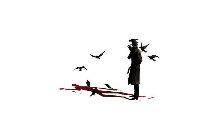 ilustracja mężczyzna w płaszczu, wrona, krew, Tapety HD