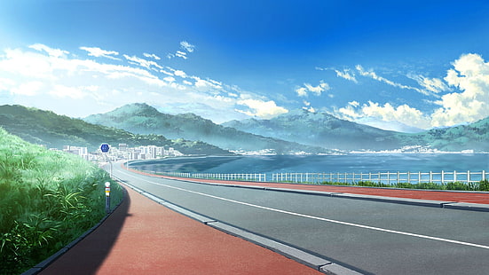 серая бетонная дорога, пейзаж, облака, дорога, Grisaia no Kajitsu, HD обои HD wallpaper